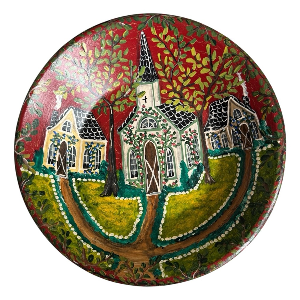 Primitive American art wood bowl hand painted signed Karen Dittmann Church